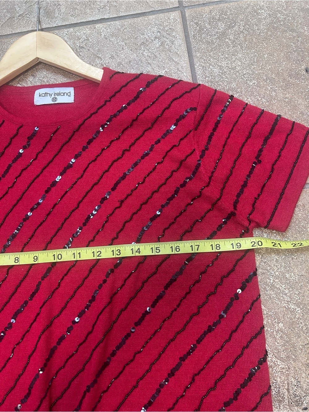 kathy ireland Red Short-Sleeve Knit Top with Black Sequin Diagonals Christmas - Picture 6 of 6